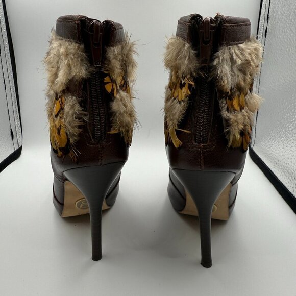 Bebe Vintage Brown Leather Feather-Trimmed Stiletto Boots – Size 6 Used - Picture 3 of 7